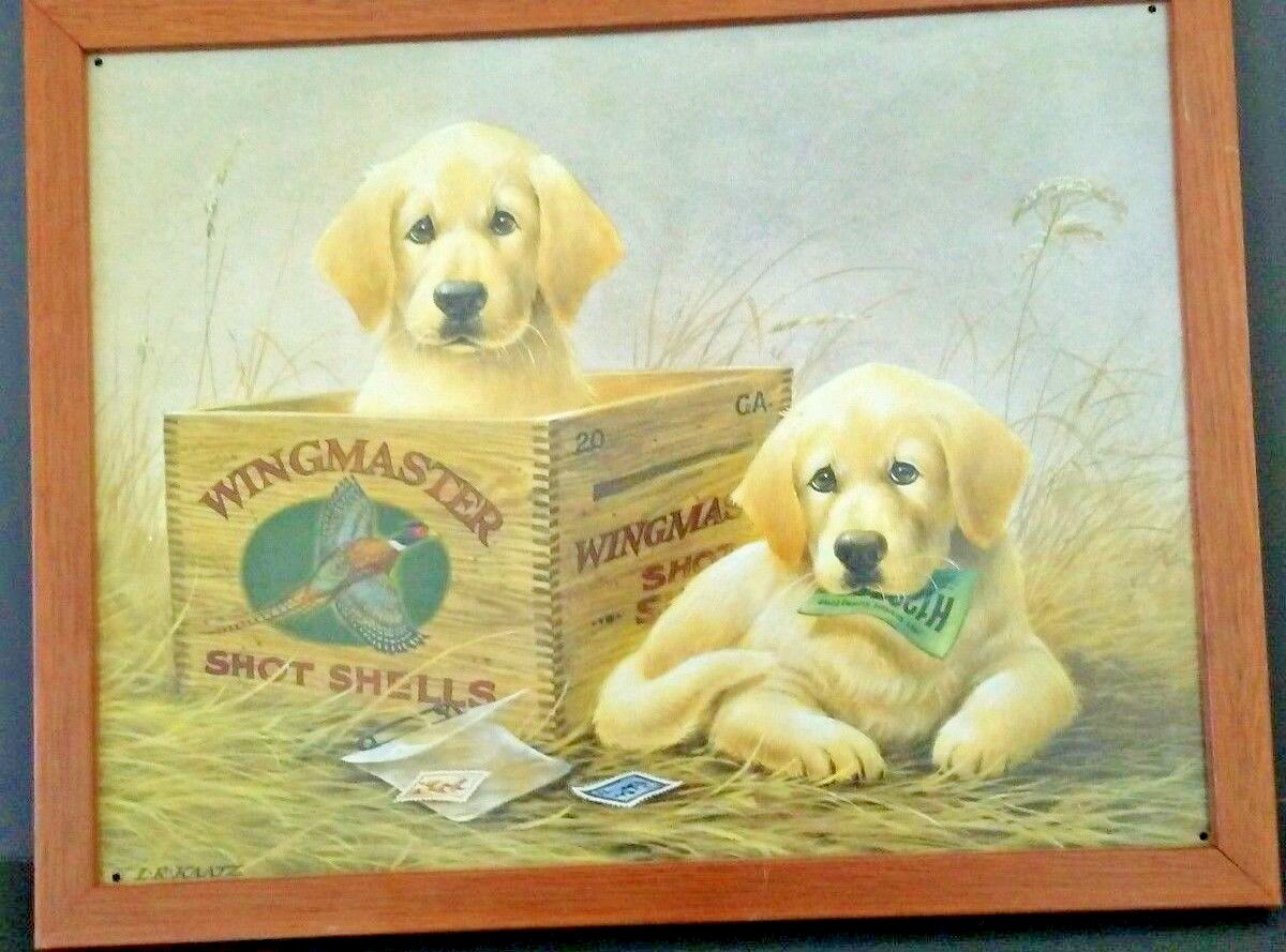 LR Kaatz-Tin Sign 2 Blond Lab Pups in Wingmaster Box-FRAMED 17 3/8″ x 13 3/4″