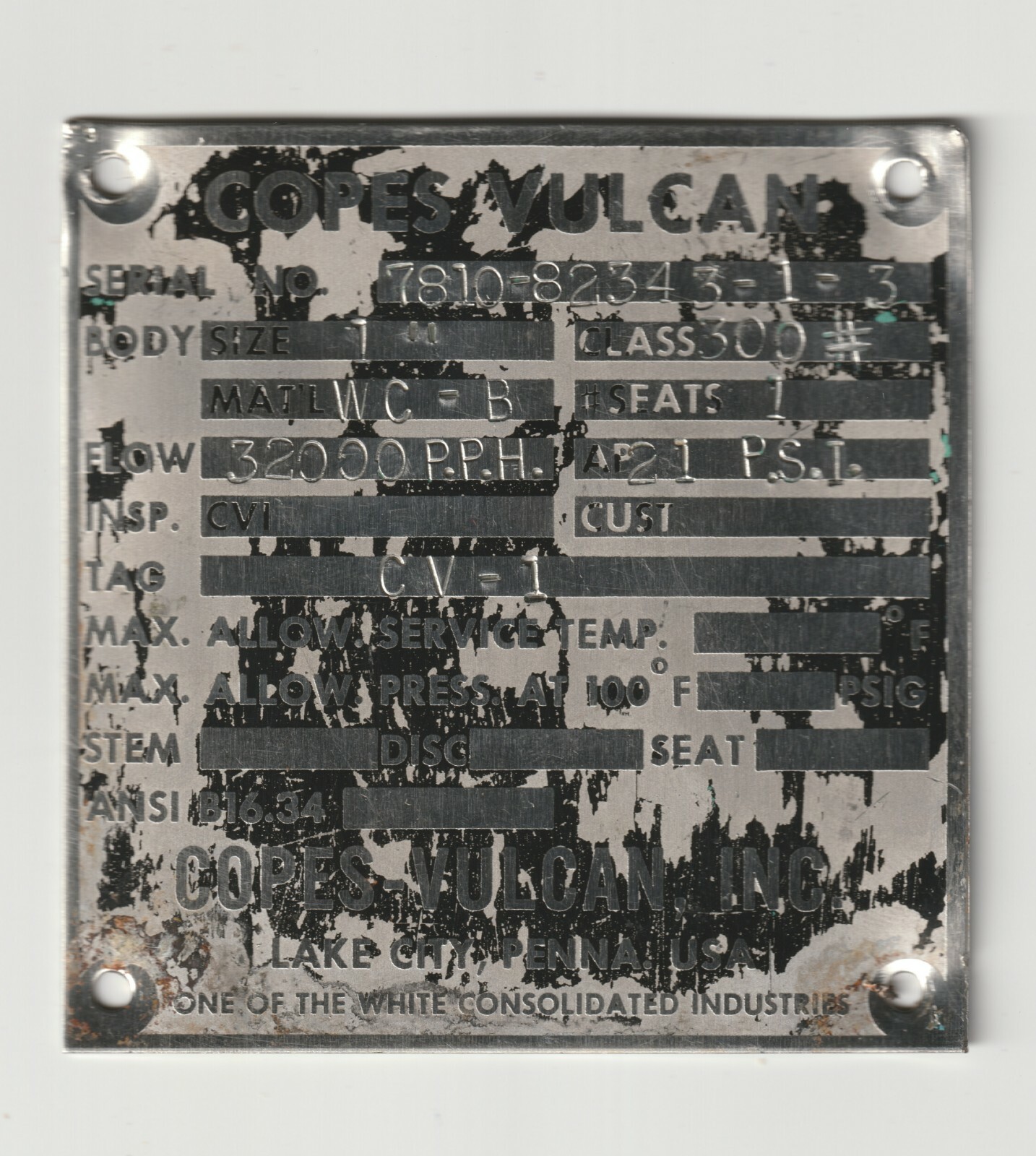 Copes Vulcan Inc Lake City Pennsylvania White Consolidated Machine Badge Plate