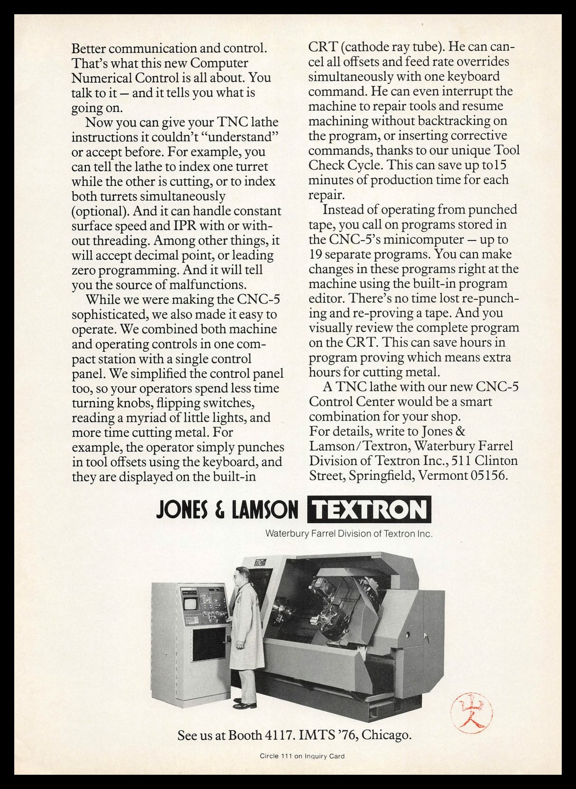 1976 Jones & Lamson Textron Waterbury Farrel Springfield Vermont CNC-5 Print Ad