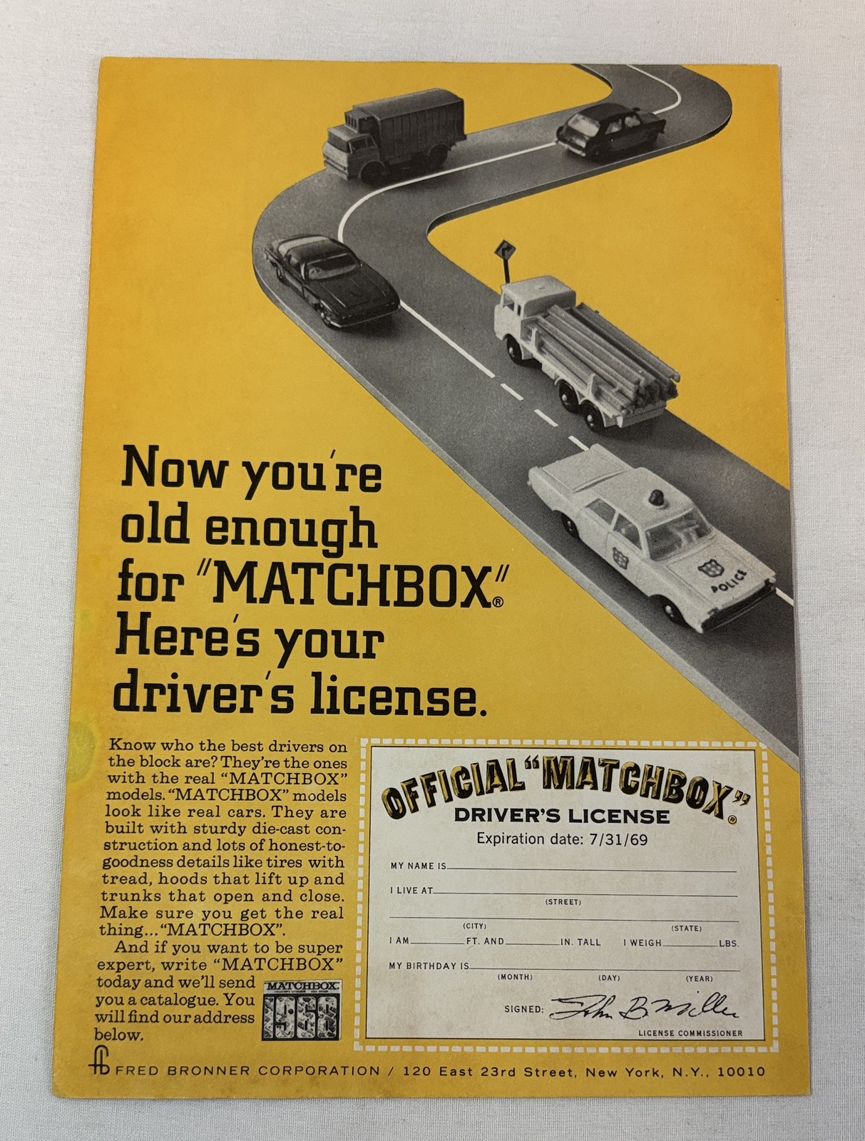 1968 MATCHBOX DRIVER’S LICENSE ad page ~ yellow+white version