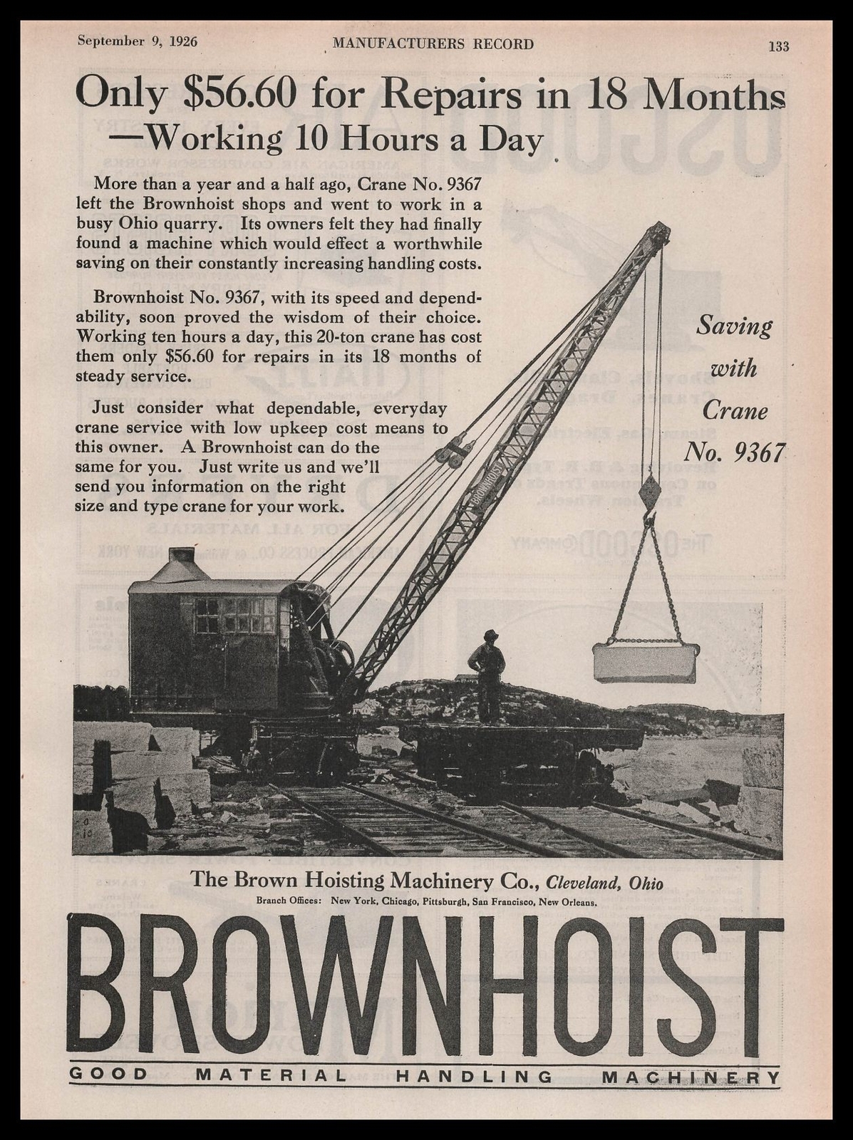 1926 Brown Hoisting Machinery Co. Cleveland Ohio Photo Crane No. 9367 Print Ad