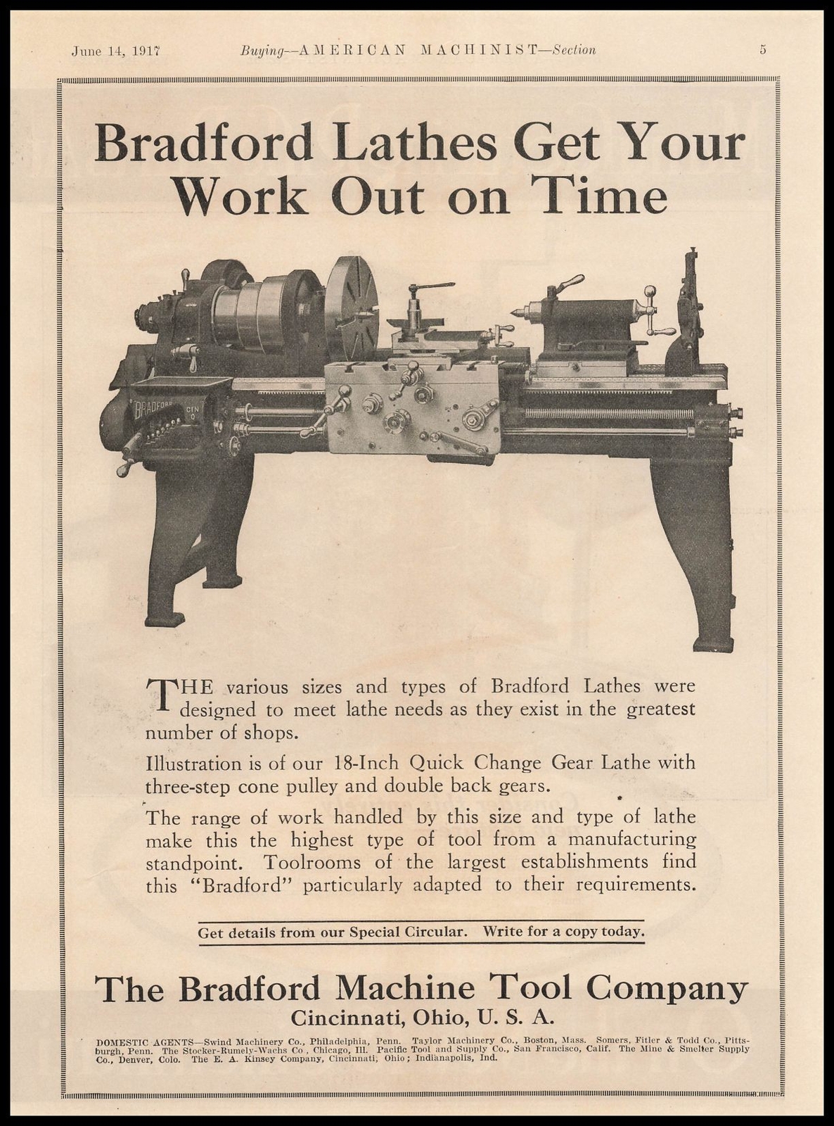 1917 Bradford Machine Tool Cincinnati Photo 18″ Quick Change Gear Lathe Print Ad