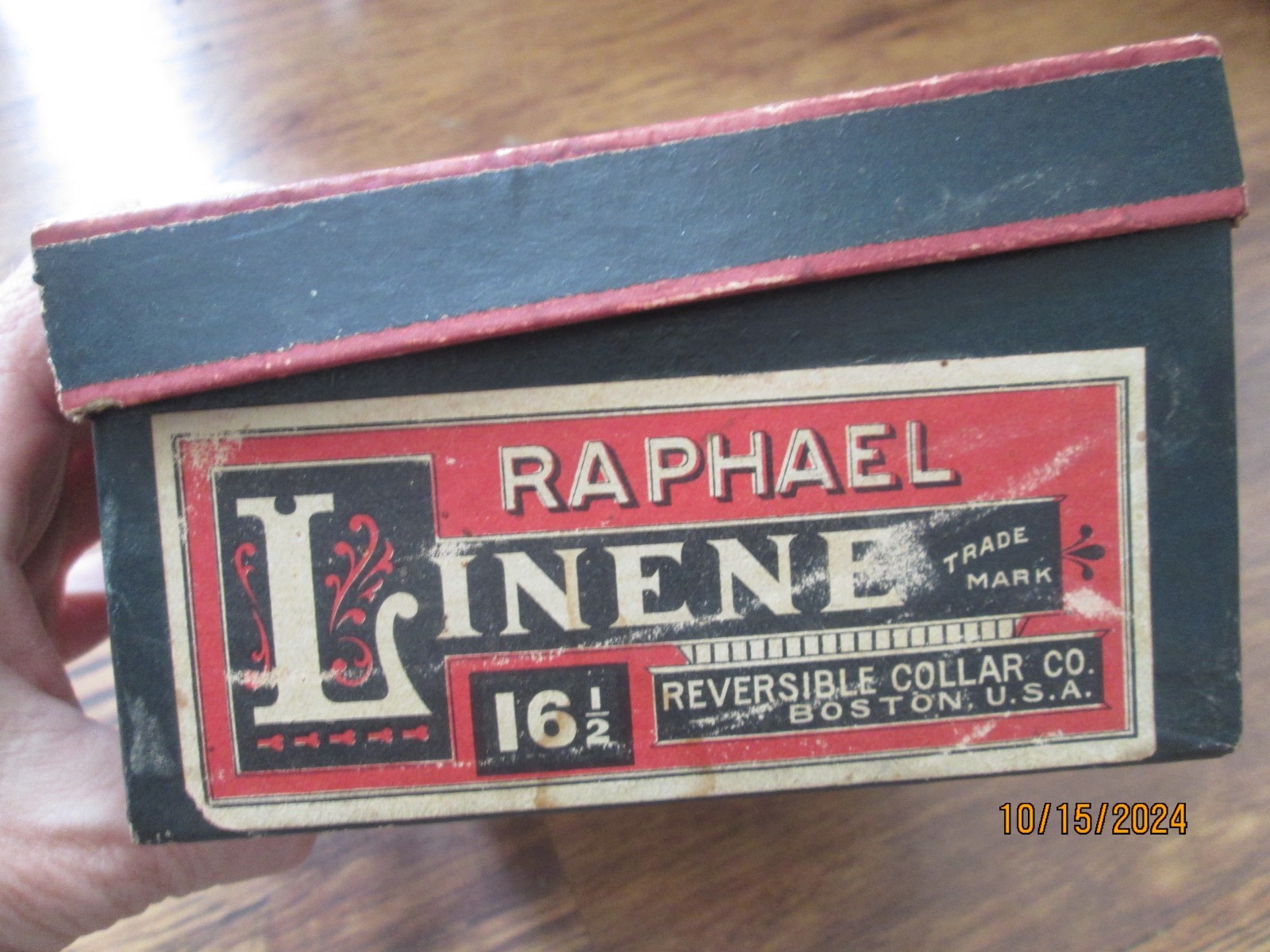Antique 1900s LINENE Raphael Reversible Collar Co. Box w FIVE 16 1/2″ Collars
