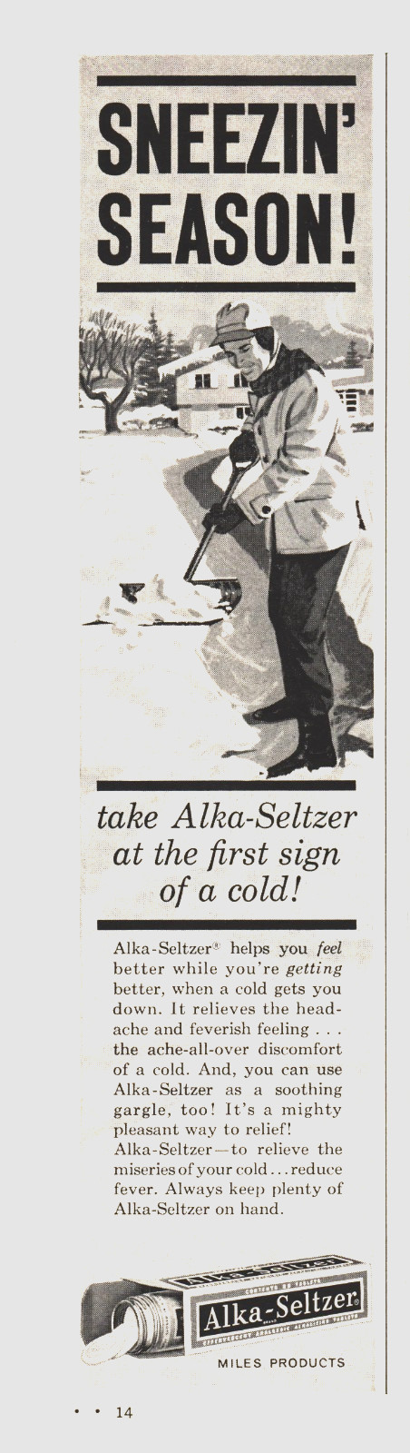 Alka Seltzer Analgesic Tablets Cold Remedy Man Shoveling Snow 1960s Print Ad 436