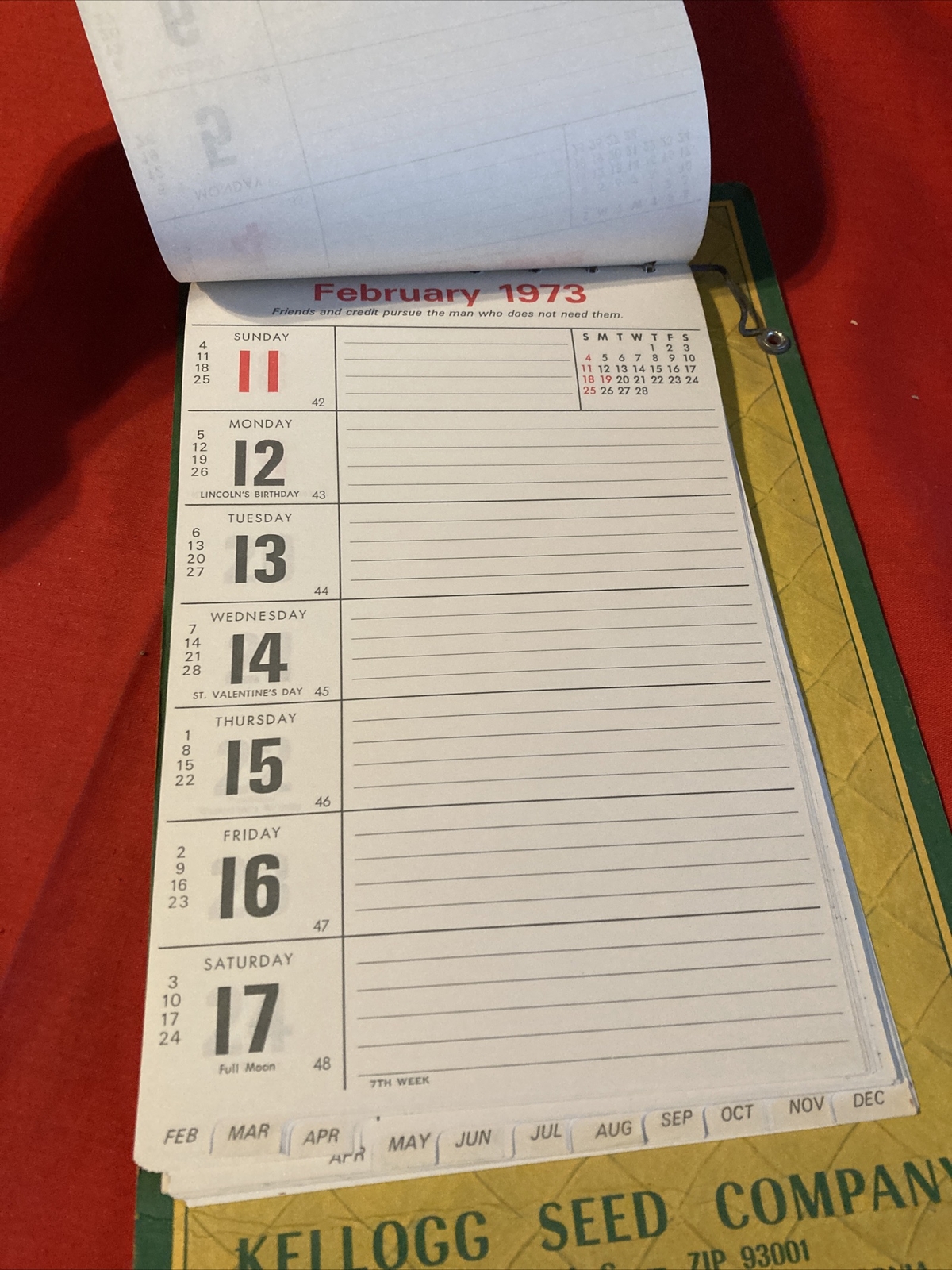 Vintage 1973 Season’s Greetings Kellogg Seed Company Calendar Unused