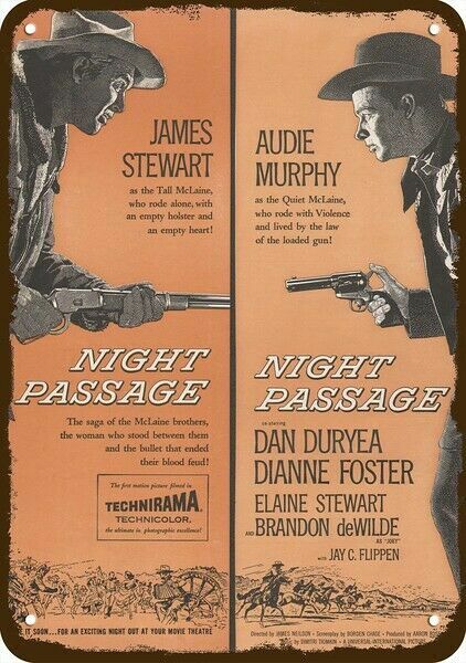 1957 NIGHT PASSAGE STEWART AUDIE MURPHY Vntg-Look DECORATIVE REPLICA METAL SIGN