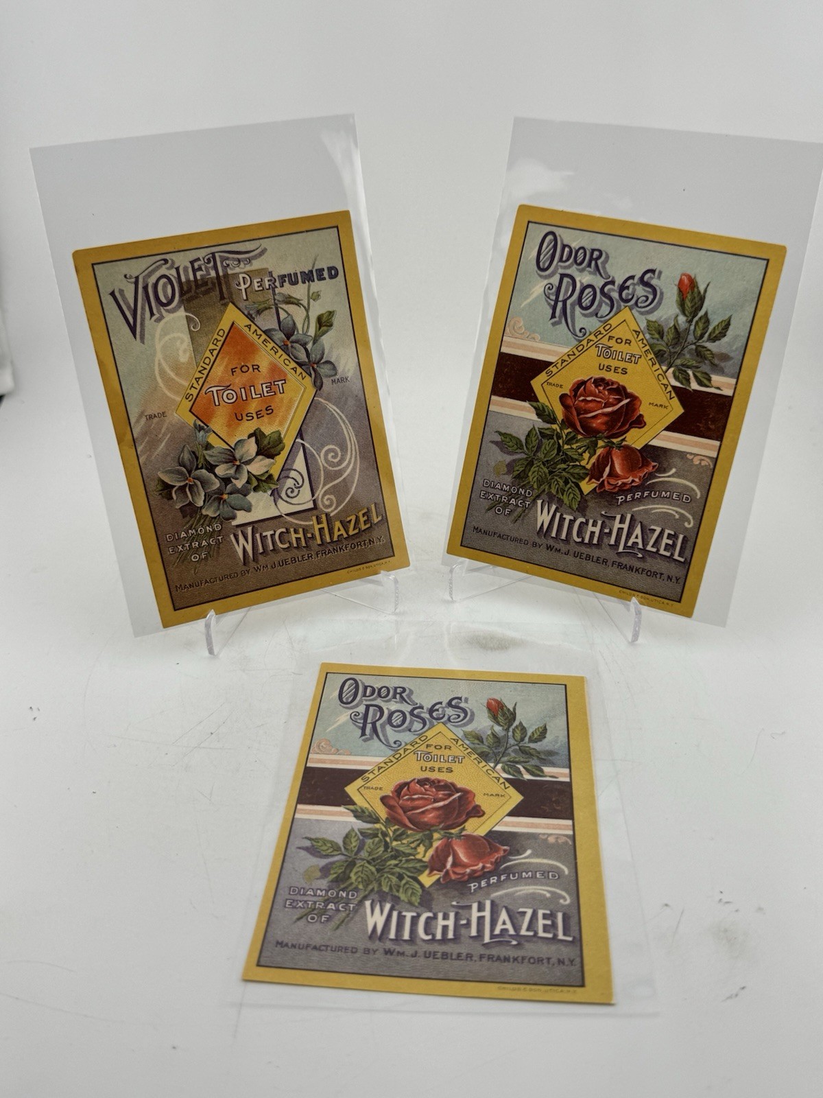 3 Vintage C1900s Standard American Oder Rose Labels Perfumed Witch Hazel