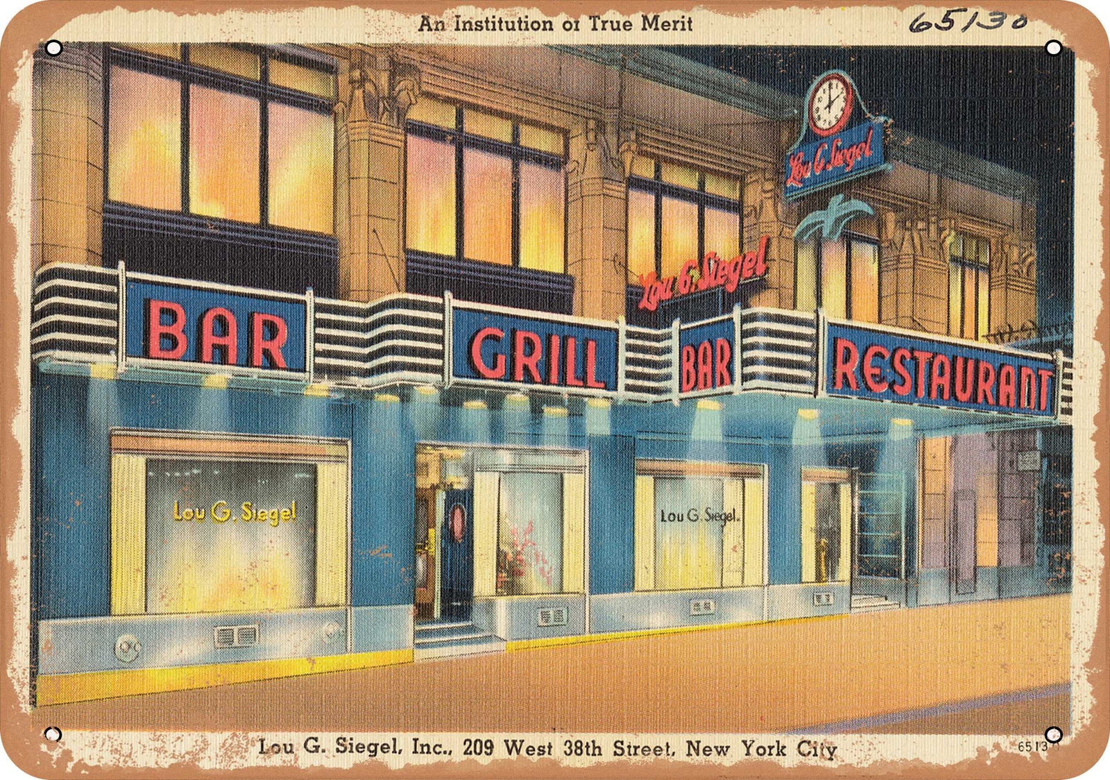 Metal Sign – New York Postcard – Lou G. Siegel, Inc., 209 West 38th Street, New
