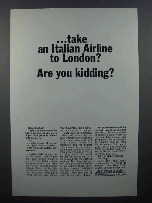 1963 Alitalia Airlines Ad – To London? Are you Kidding?