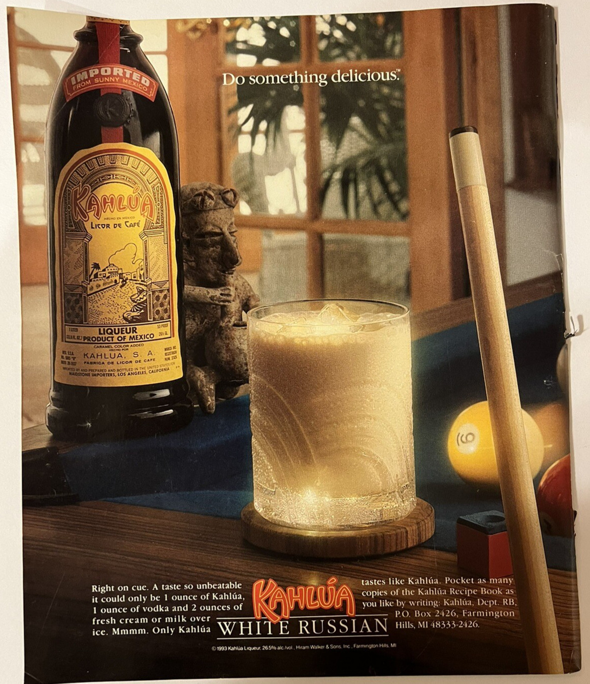 Vtg 1990s Kahlua Liqueur Ad with White Russian Recipe, Do Something Delicious