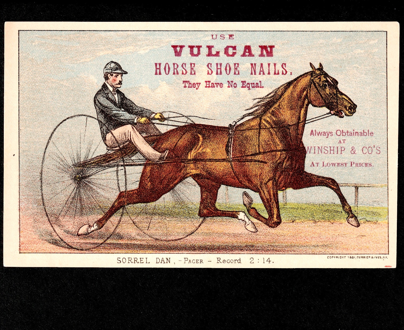 Currier & Ives Sorrel Dan Pacer 1881 Vulcan Horse Shoe Trotter Trade Card SR.100