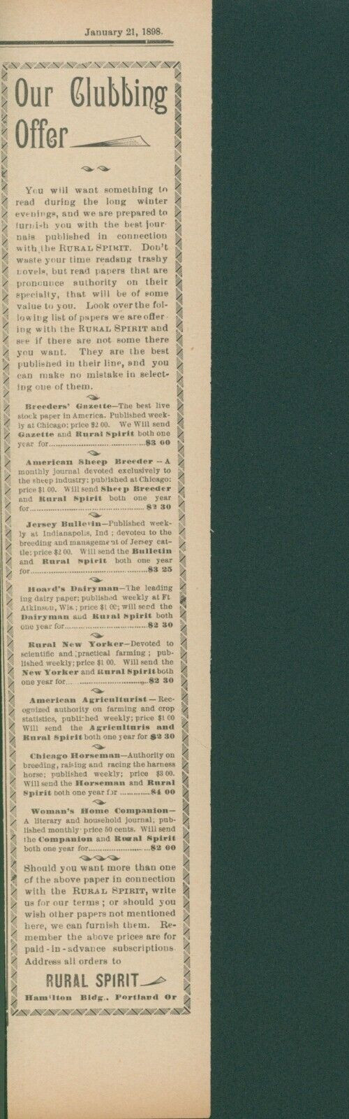 1898 Clubbing Offer Various Papers Sheep Breeder Horseman Dairyman Ad RS1