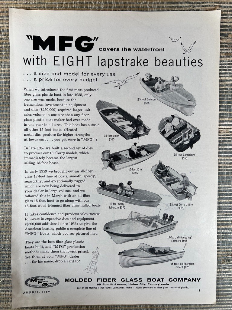 MFG Molded Fiber Glass Boat Corry 13 15 17 foot 1959 Vintage Print Ad