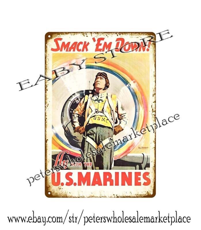 WW2 1942 SMACK ‘EM DOWN FLY WITH THE U.S. MARINES metal tin sign wall décor