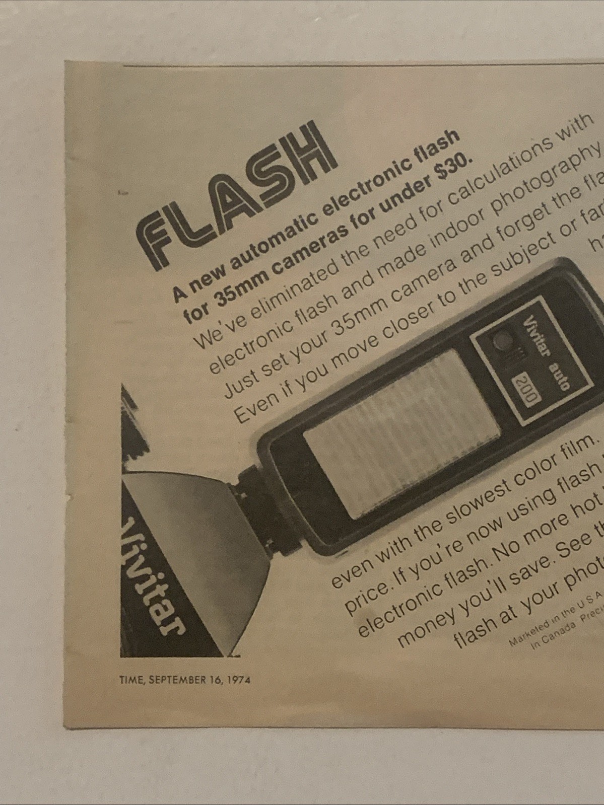 1974 Vivitar 200 Camera Flash PRINT AD Automatic Electronic VTG 1970s For 35mm