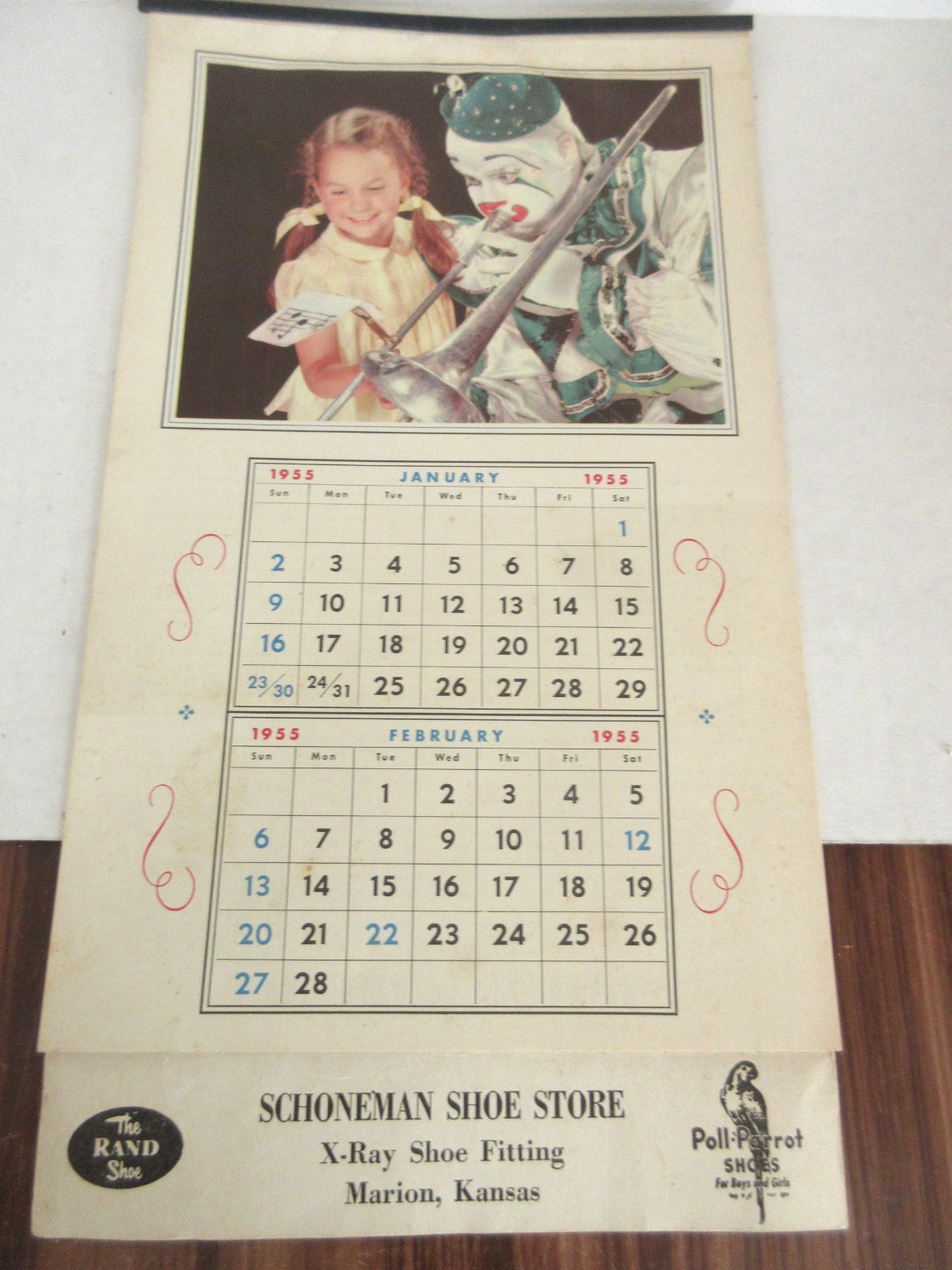 Vtg 1955 Schoneman Shoe Store Calendar Marion KS Kansas Poll Parrot Clown