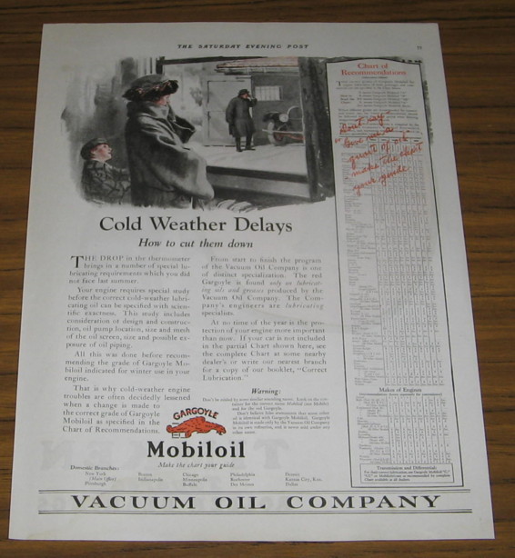 1923 Ad Mobiloil Cold Weather Delays Gargoyle