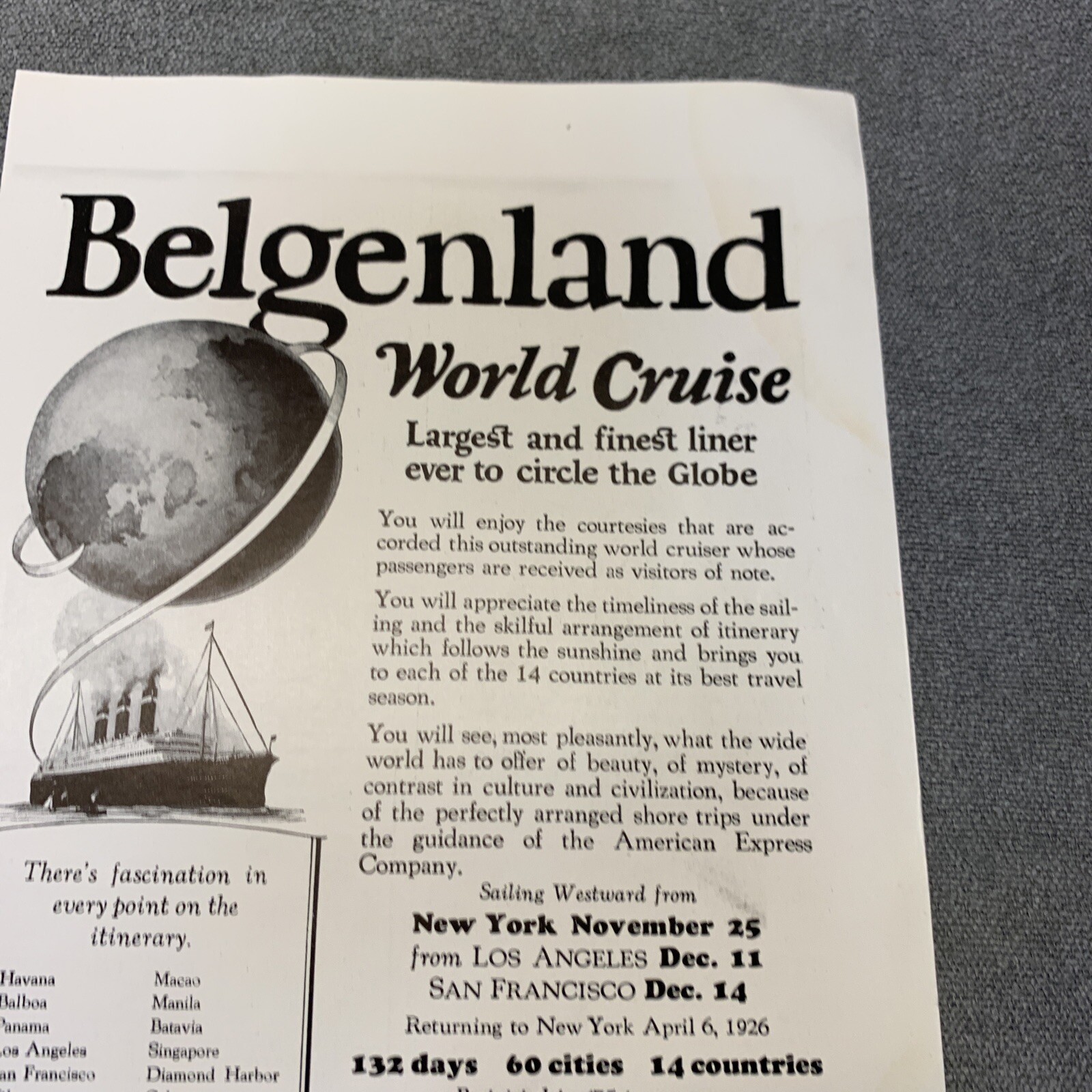 National Geographic November 1919 Belgenland World Cruise Vintage Print Ad KG