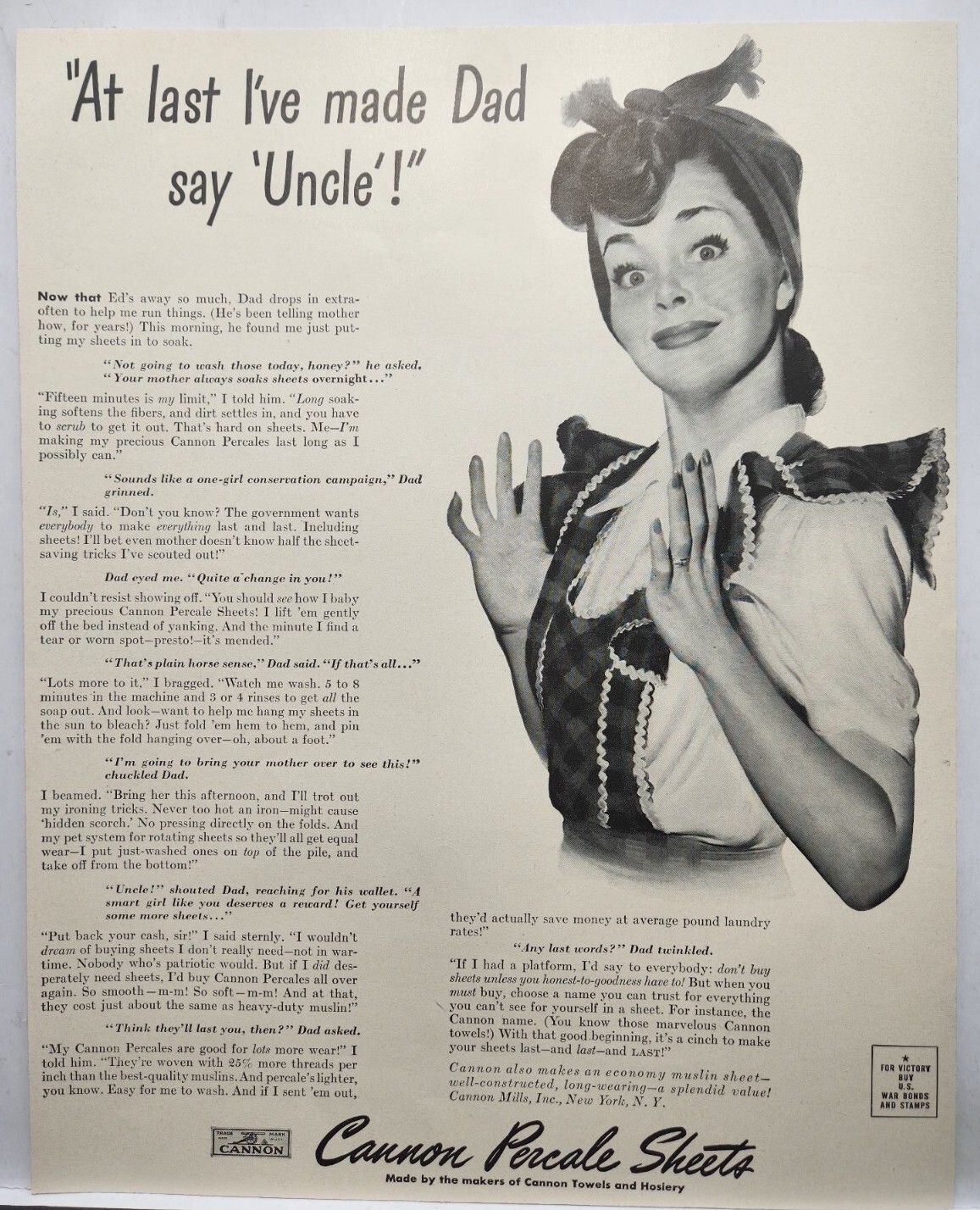 1943 Cannon Percale Sheets Pretty Girl Original Print Ad Life Magazine 40s