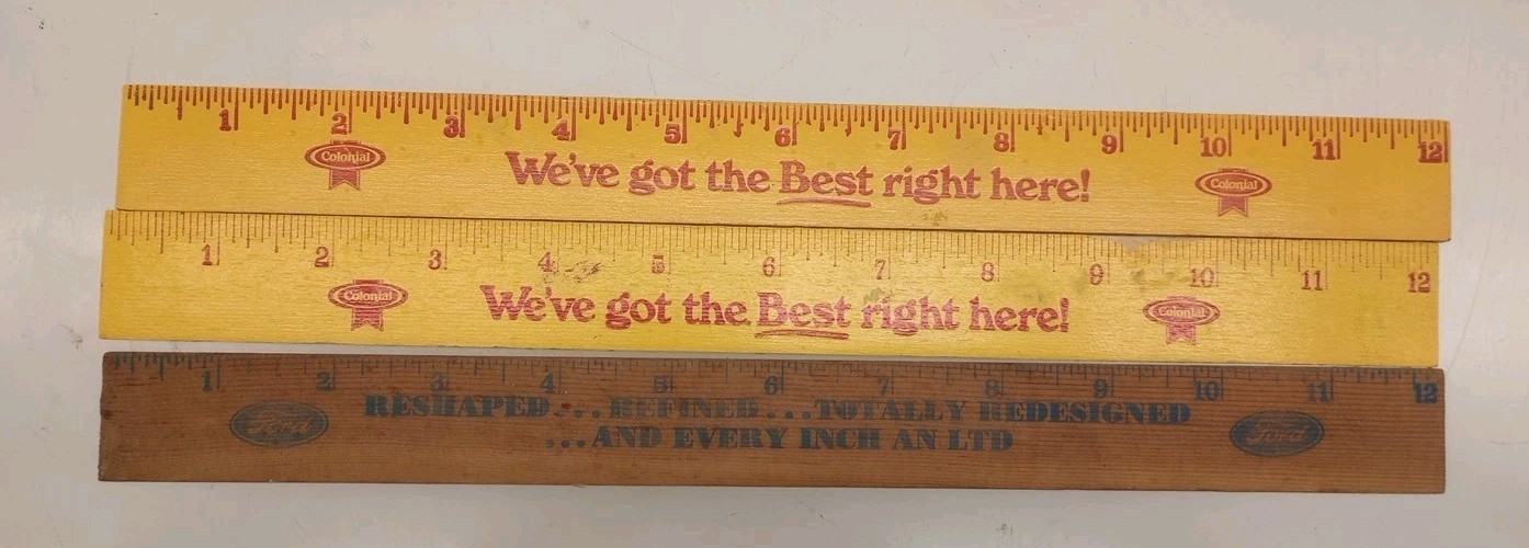 3 Vintage Wood Rulers – Advertising 2 Are Colonial Bread 1 Is Ford Auto 1 Sided