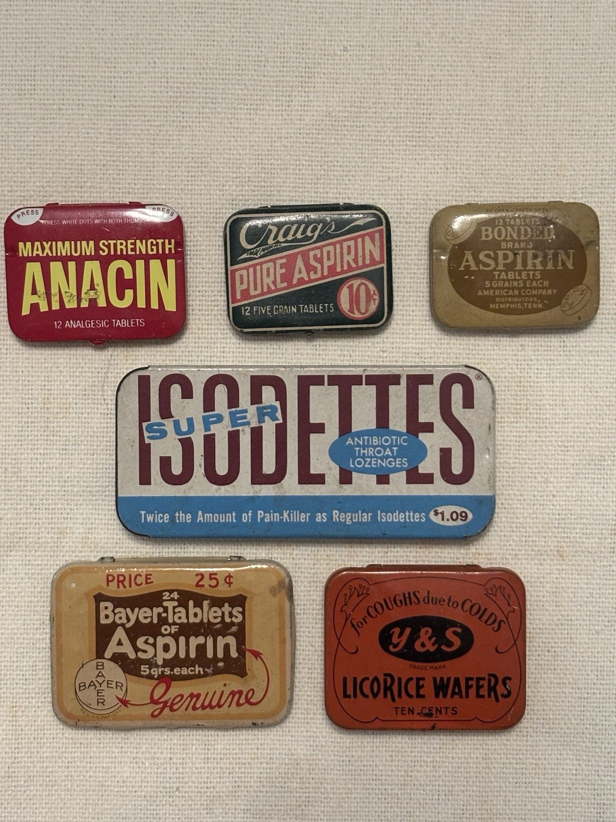 Vtg Medicine Tin Lot Of 6 Aspirin Cold Cough Bayer Y & S Bonded Craig’s Anacin +