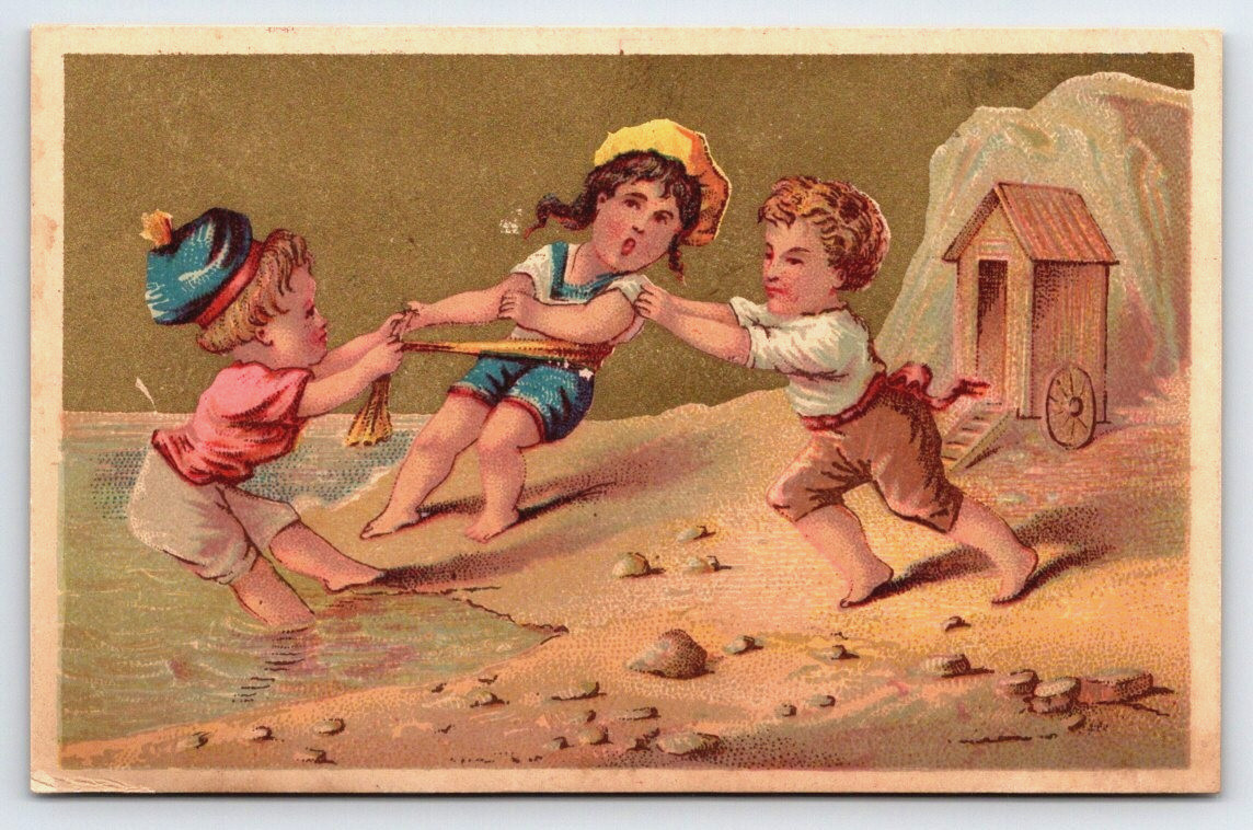 Naughty Boys Drag Girls Into Ocean at Beach Victorian Trade Card 3×4.5″