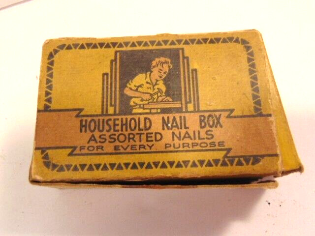 small vintage empty cardboard Household Nail Box; Chas. Baker, Framingham, MA