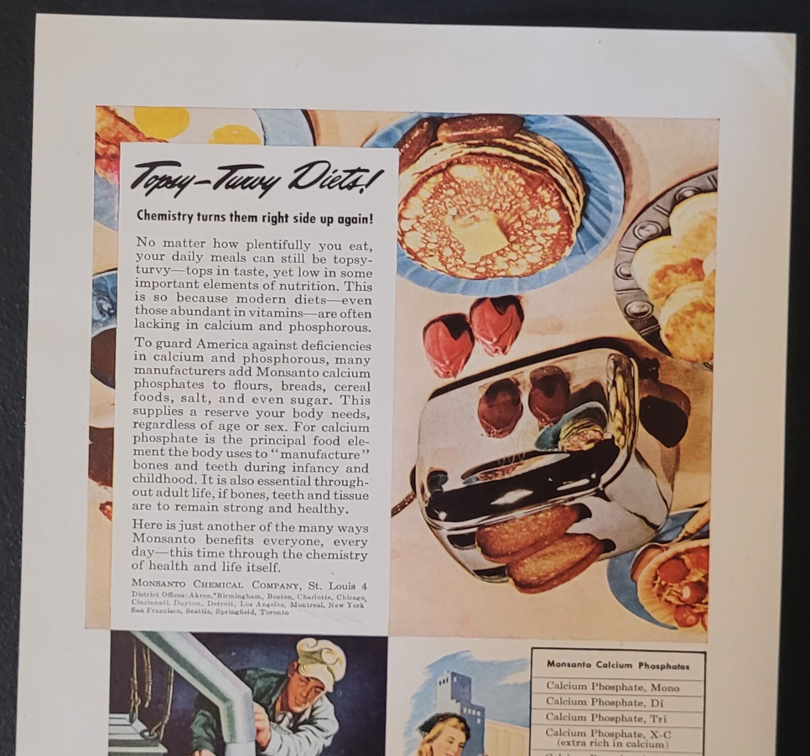 1946 Vintage MONSANTO Chemicals 7×10″ Print Ad Post WW2 Better food?