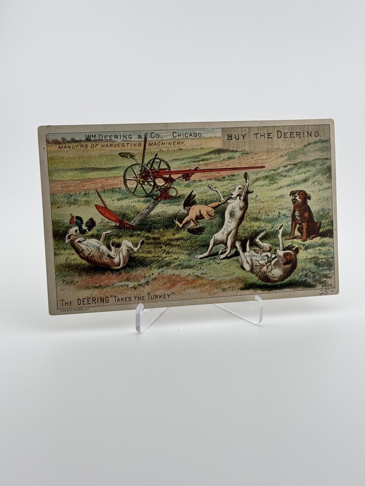Fantastic Victorian Trade Card “W. Deering Co.” Harvesting Machinery w/ Dogs *