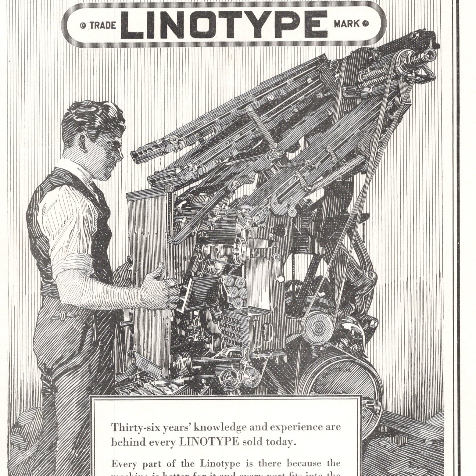 Model 14 Linotype in Operation Linotype Co 1922 Print Ad 8.5×12″