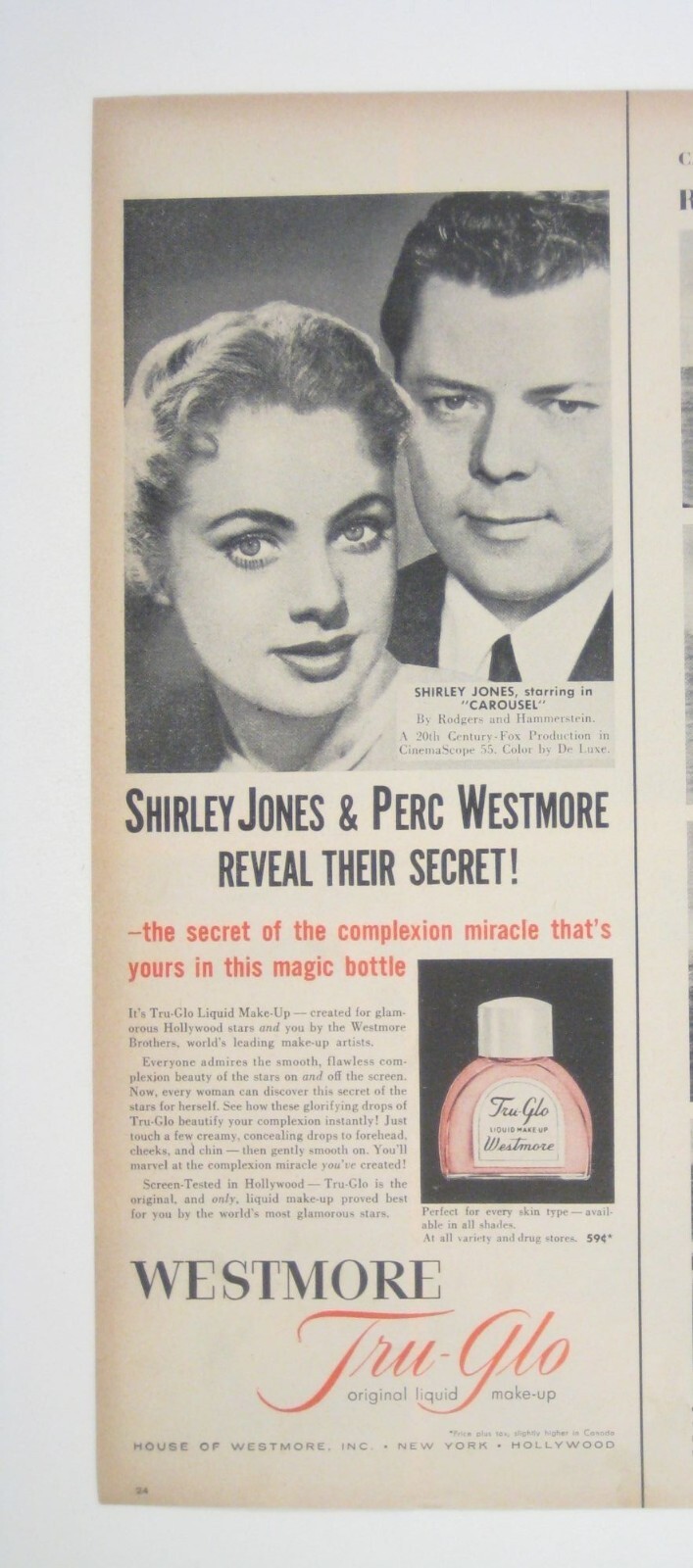 Westmore Tru Glo Make Up Shirley Jones Perk Westmore 1956 Vintage Print Ad