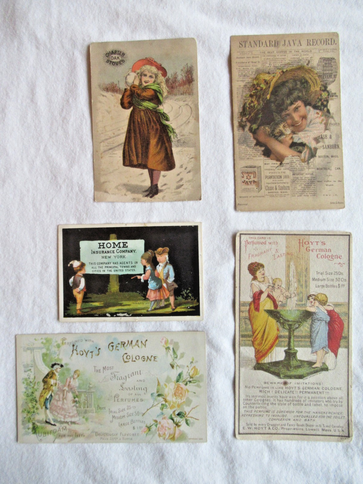 5 Victorian Trade Cards: Charter Oak Stoves, Standard Java Record & 2 Hoyt’s +