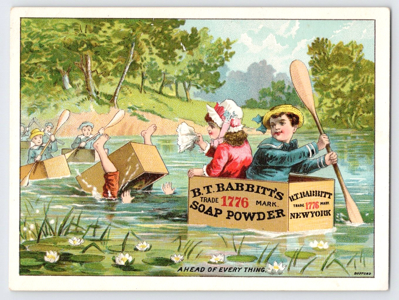 B T Babbit’s Soap Powder Trade Card Children Row Soap Crate in Creek