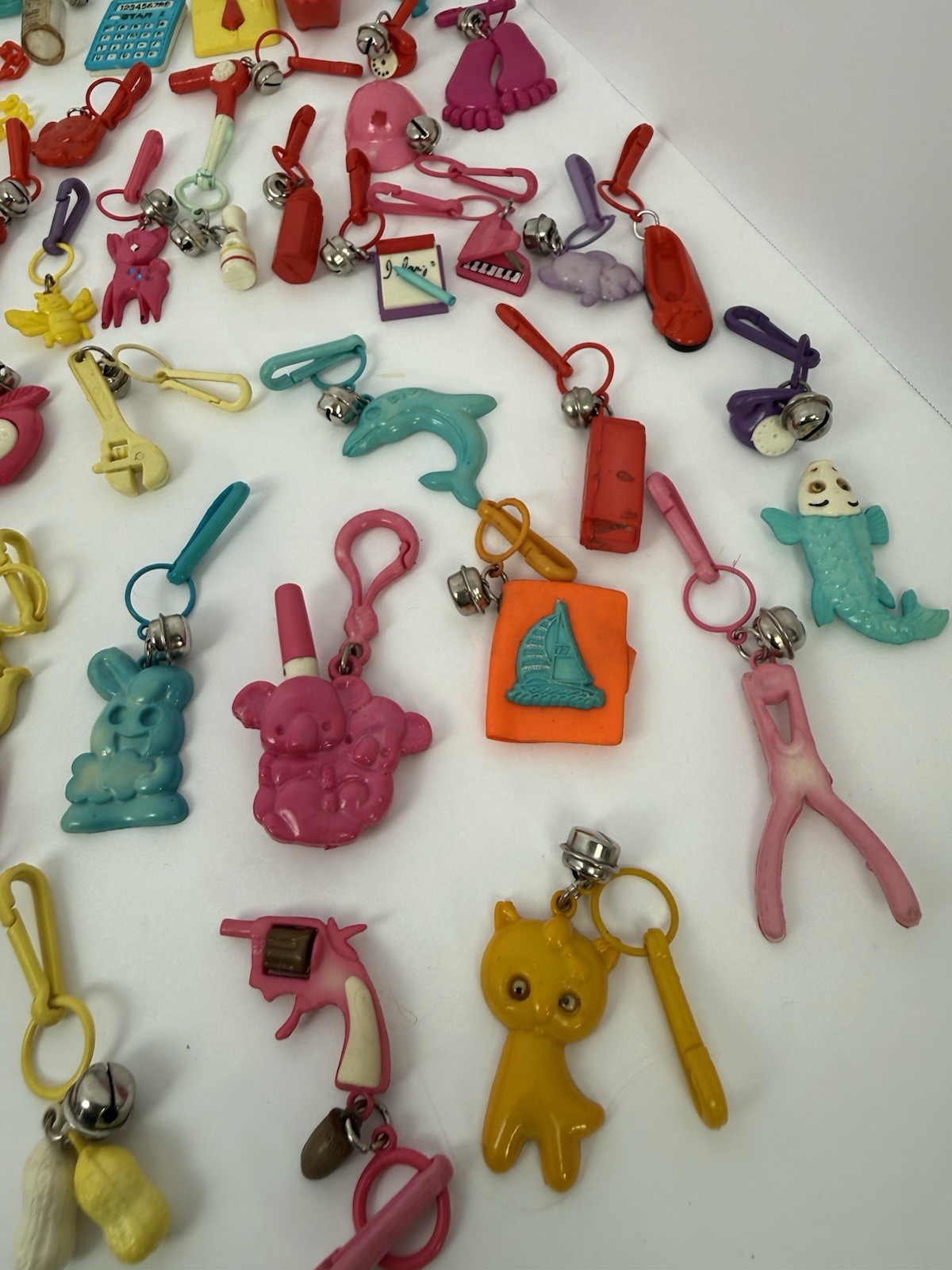 1980’s Vintage Plastic Clip-On Bell Charm Necklace 67 Charms 100” Long RARE! LOT