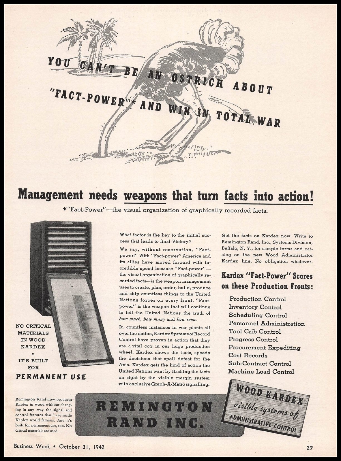 1942 Remington Rand Wood Kardex Filing System Ostrich WWII Cartoon Print Ad