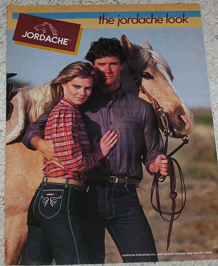 1982 print ad page -Jordache designer fashion Jeans GIRL & Guy horse Advertising