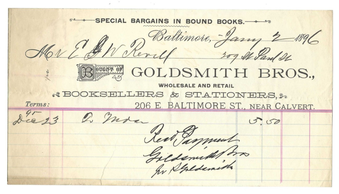 1896 Advertising Invoice Goldsmith Brothers Booksellers Stationers Baltimore MD