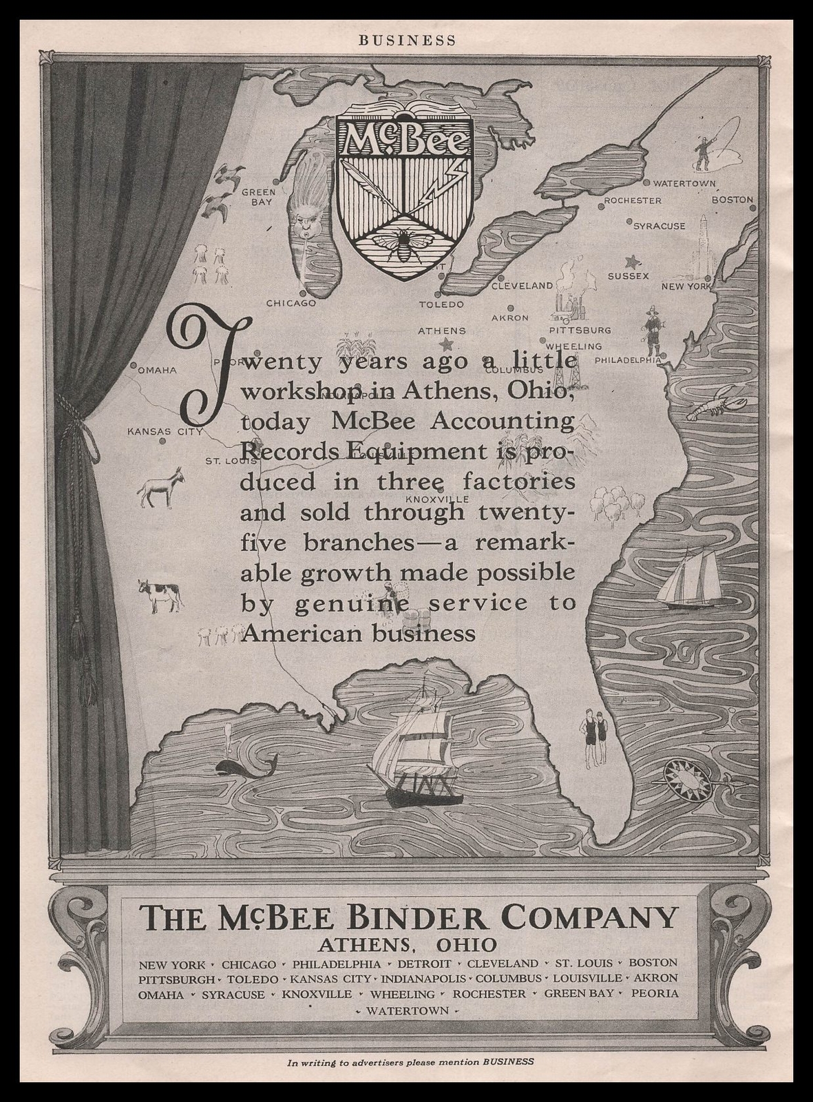 1928 McBee Binder Company Athens Ohio Records Equipment US Map Vintage Print Ad