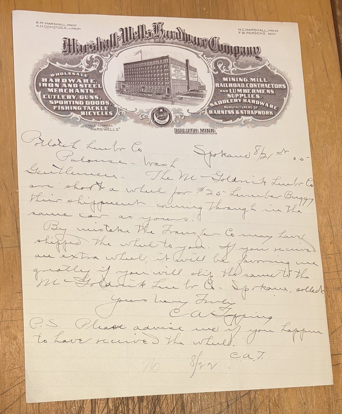 EARLY 1900’S MARSHALL WELLS HARDWARE CO. DULUTH MINNESOTA LETTERHEAD