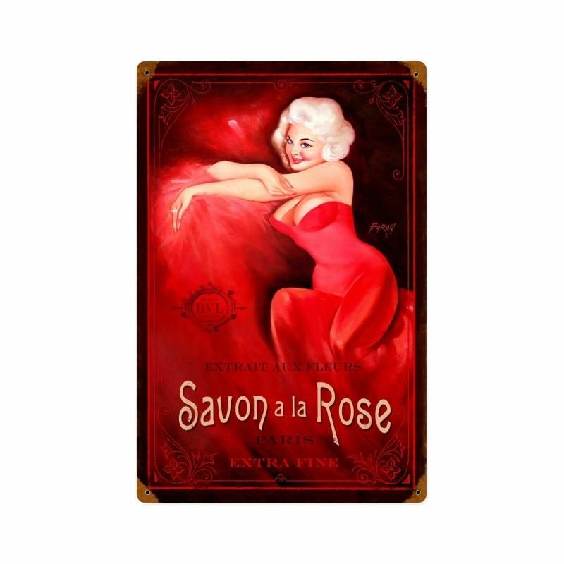 RISQUE PINUP SAVON A LA ROSE PARIS EXTRA FINE HEAVY DUTY USA MADE METAL ADV SIGN