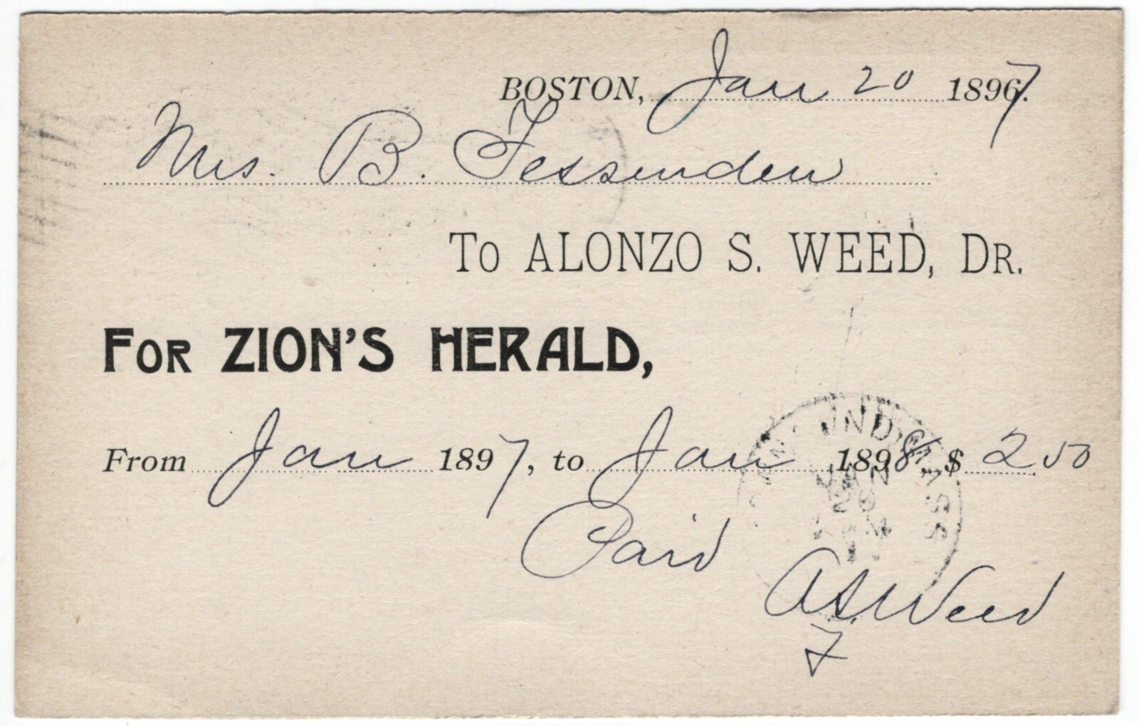 1897 ZIONS HERALD MAGAZINE ADVERTISING POST CARD 1c POSTCARD BOSTON MA METHODIST
