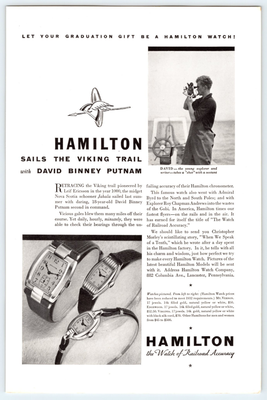 1932 HAMILTON WATCH Vtg 6.5″X10″ Magazine Ad 1930’s M594