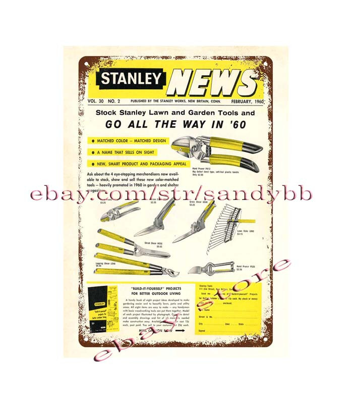 1960 lawn garden tools workbench trade industry metal tin sign handyman woodwork