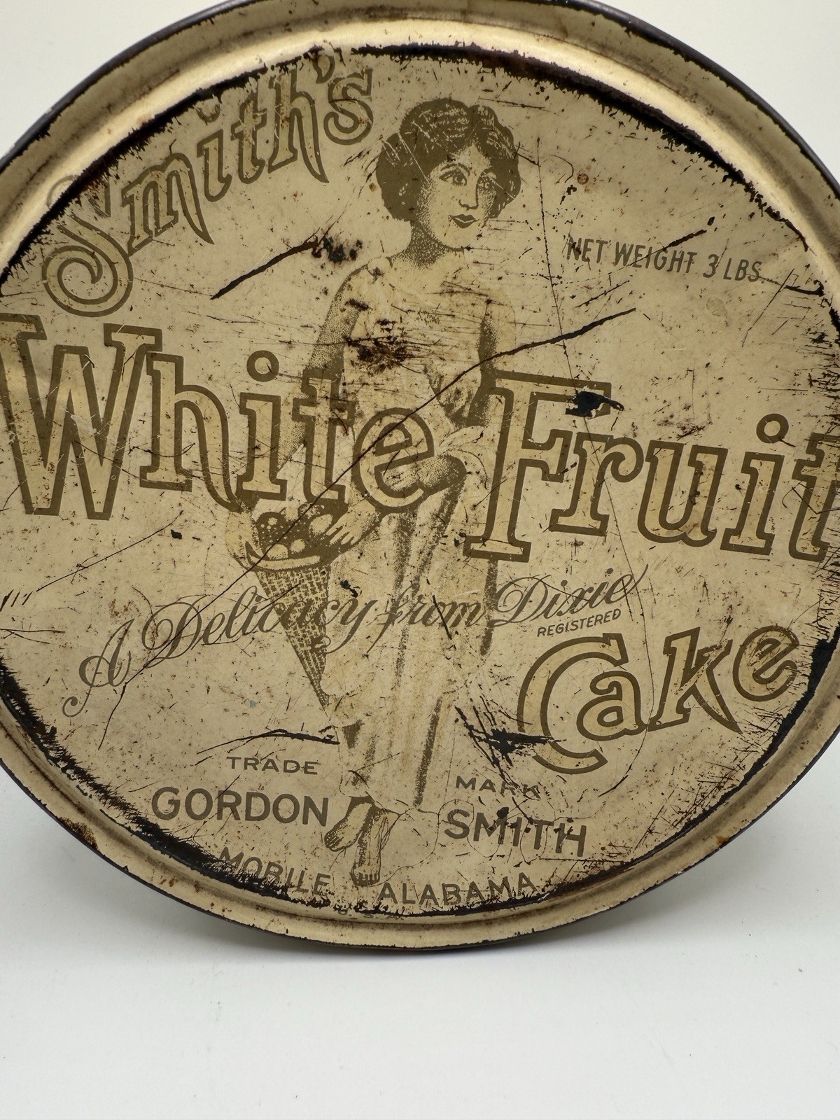 Antique Smith’s White Fruit Cake Tin Gordon Smith Mobile Alabama Advertising Can
