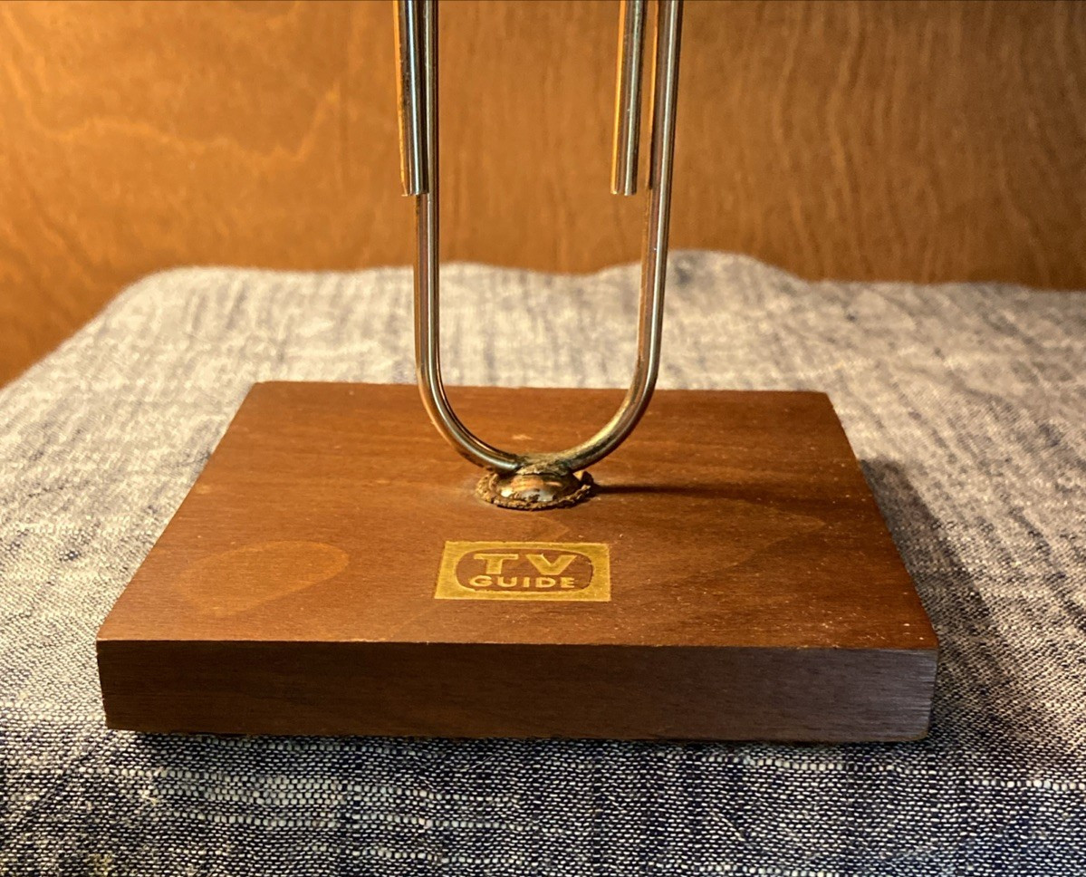 Vintage 70’s TV Guide Advertising 9” Brass Paper Clip Note Stand