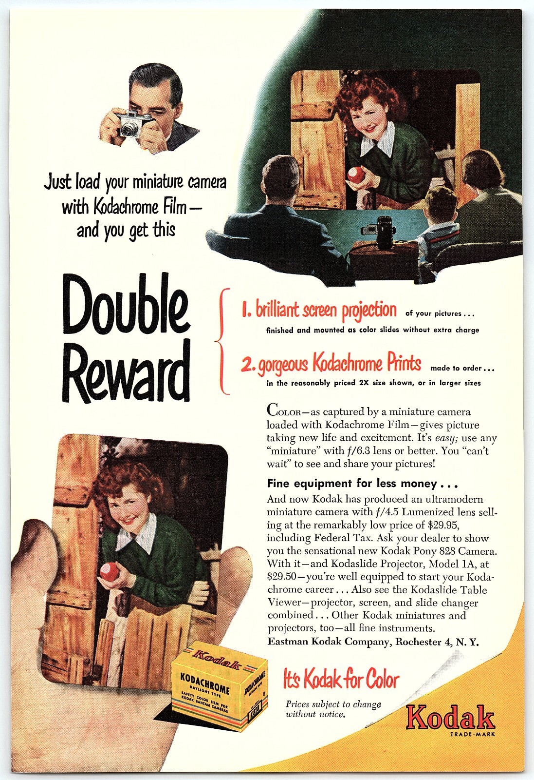 1950s KODAK CAMERAS KODACHROME FILM DOUBLE REWARD FULL PAGE PRINT AD Z6131