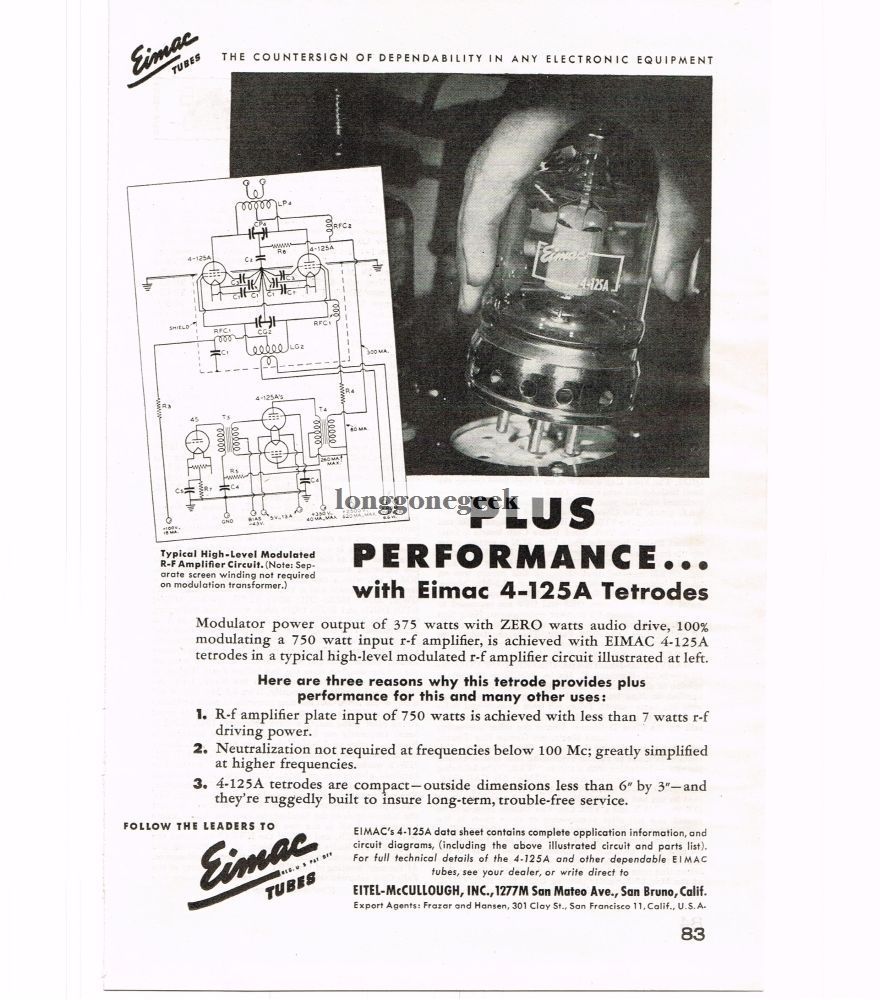 1946 Eimac 4-125A Tetrode Radio Tubes VINTAGE Print Ad
