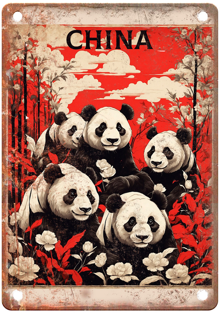 Vintage Pandas China Retro Look Travel Poster Metal Sign T2925