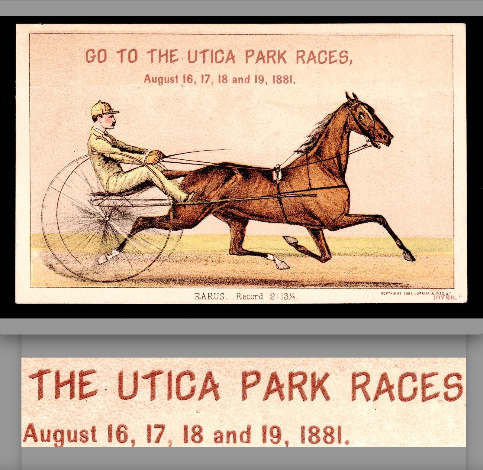 1881 Currier & Ives Utica Park Horse Race Rarus Trotting Times Trade Card SR.96