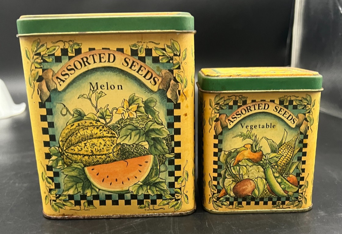Pair of Vintage Assorted Seed Packets Tin Containers “Melon” and “Vegetable”